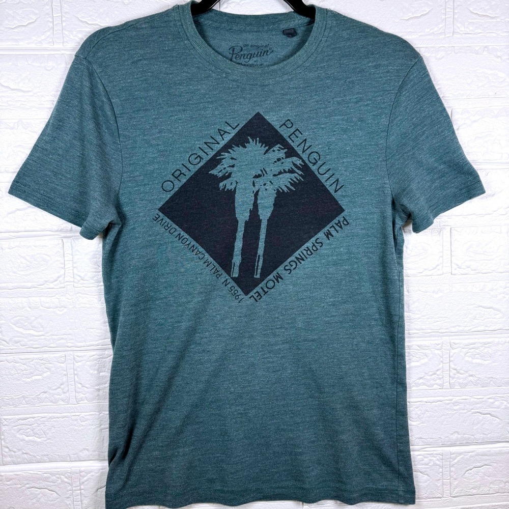Original Penguin Graphic Tee Women Small Blue Palm Springs Motel Palm Tree Shirt